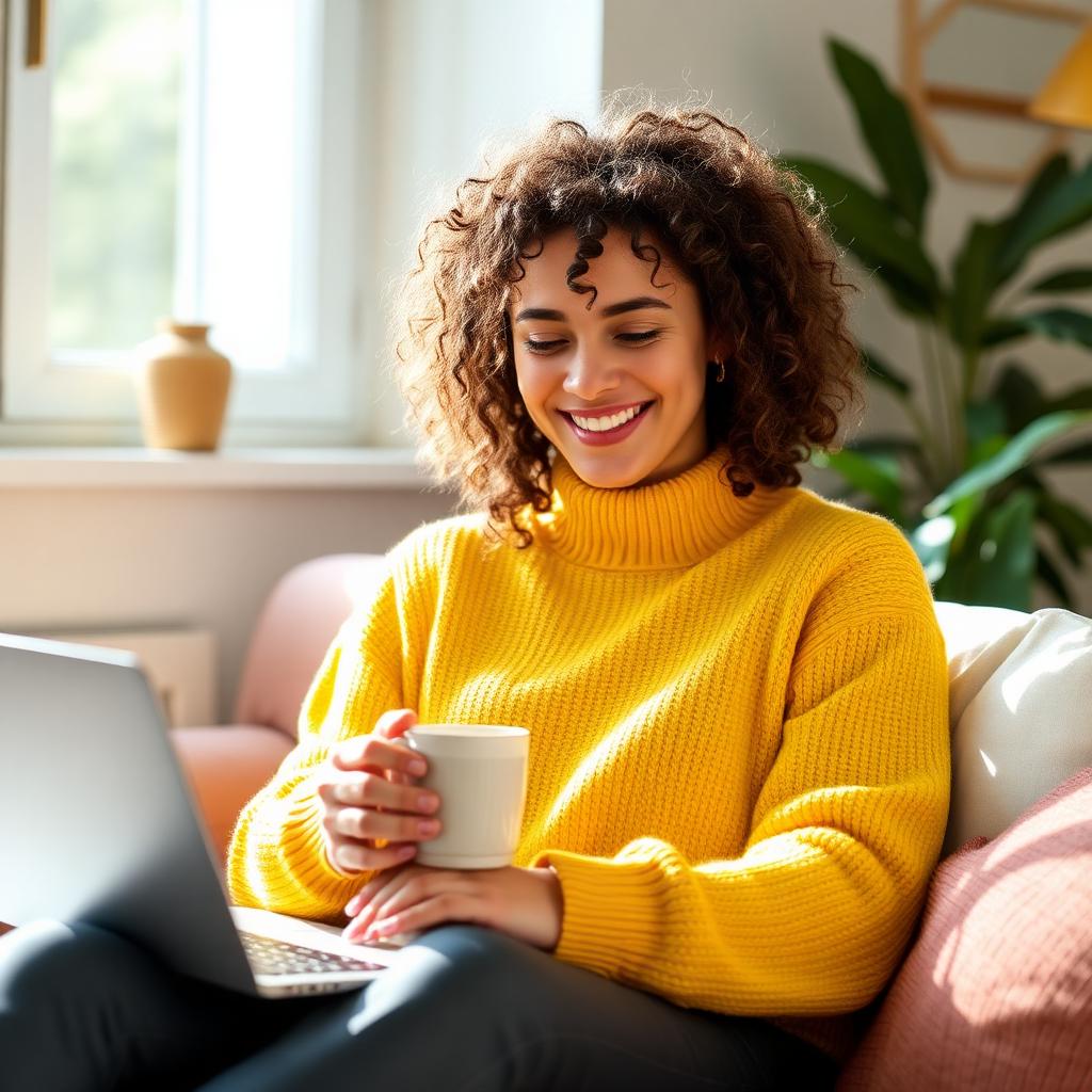 Utilisatrice souriante avec un ordinateur portable